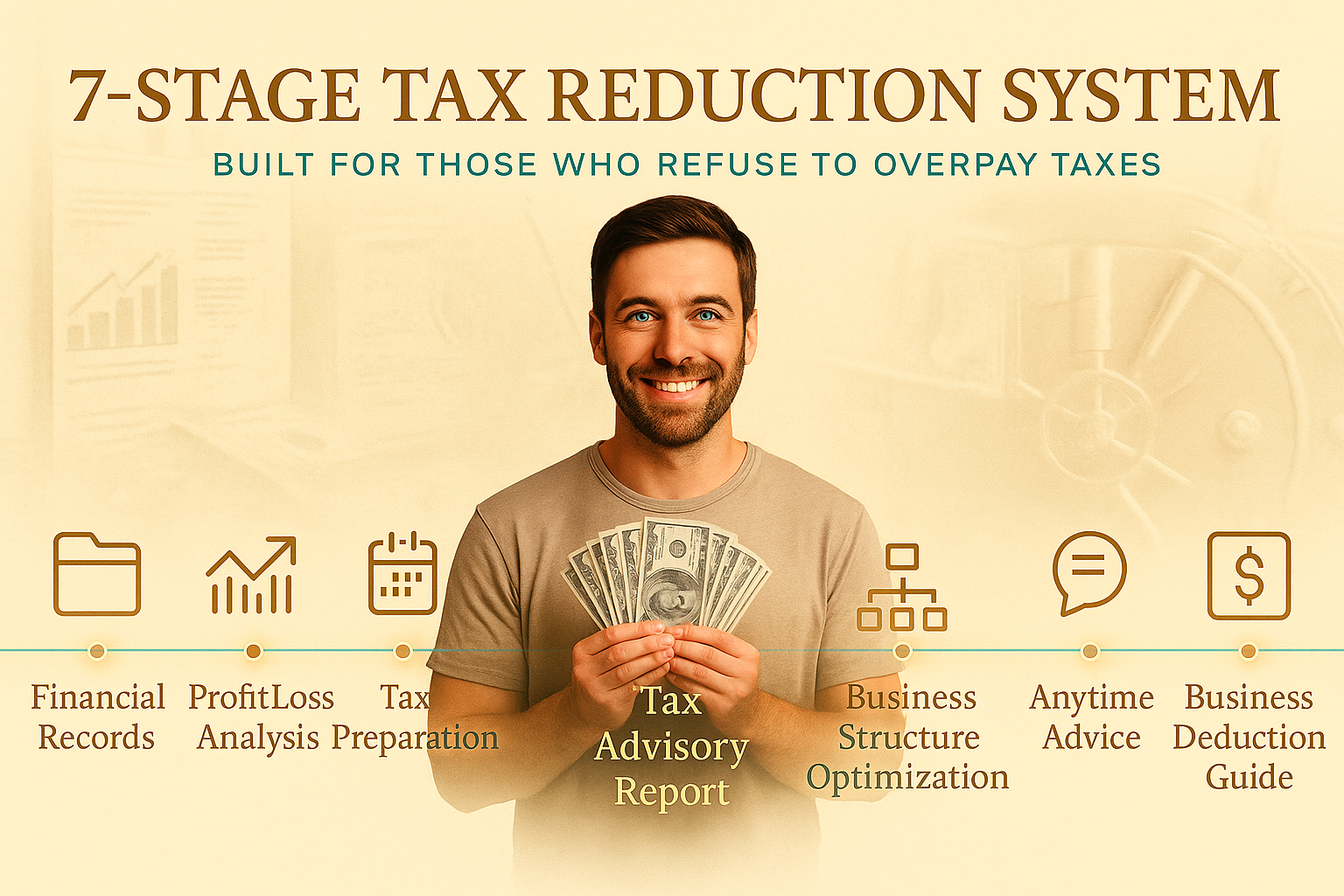 Cinematic infographic showcasing a smiling business owner holding cash with seven gold icons representing the 7-Stage Tax Reduction System, including Financial Records, Profit & Loss Analysis, Tax Preparation, Tax Advisory Report, Business Structure Optimization, Anytime Advice, and Business Deduction Guide against a black and gold background with teal highlights and a faded vault.