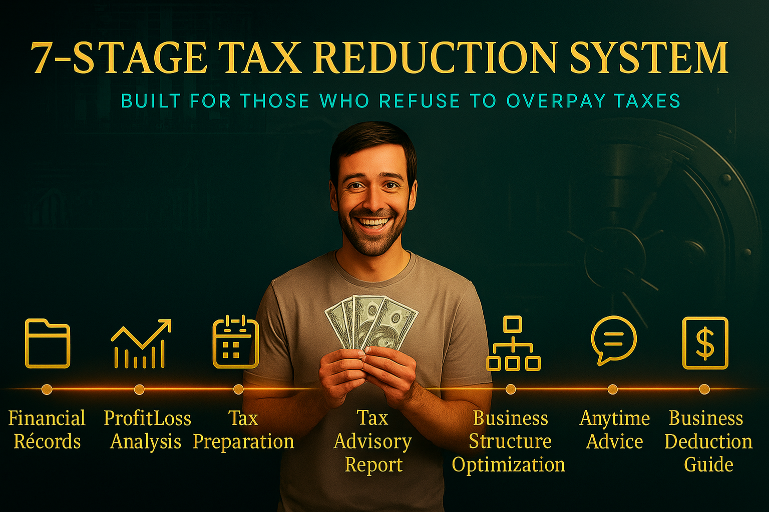 Cinematic infographic showcasing a smiling business owner holding cash with seven gold icons representing the 7-Stage Tax Reduction System, including Financial Records, Profit & Loss Analysis, Tax Preparation, Tax Advisory Report, Business Structure Optimization, Anytime Advice, and Business Deduction Guide against a black and gold background with teal highlights and a faded vault.